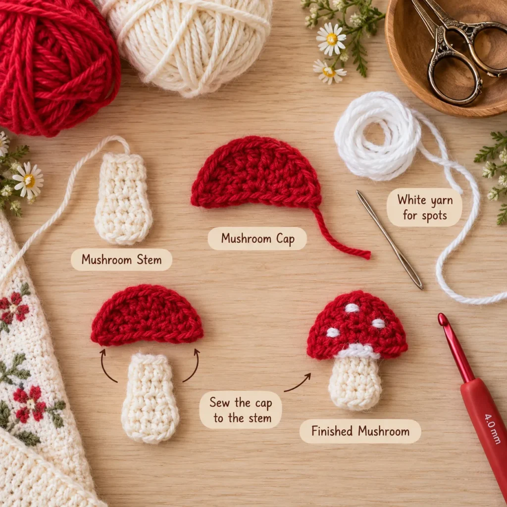Tiny crochet mushroom cap and stem being assembled for granny square