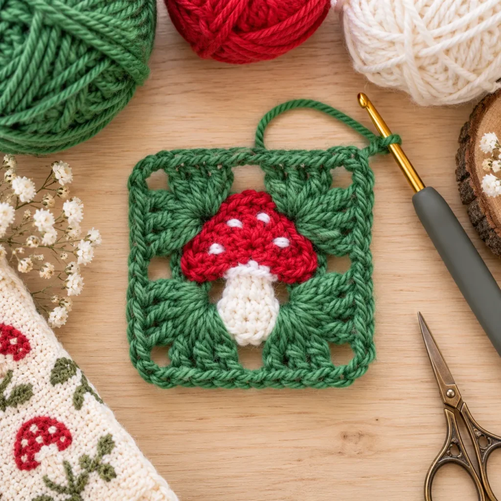 Tiny mushroom crochet motif surrounded by green granny square frame