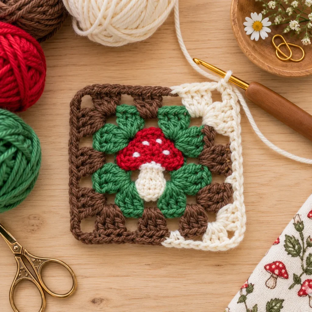 Mushroom Granny Square being finished with brown and cream crochet rounds