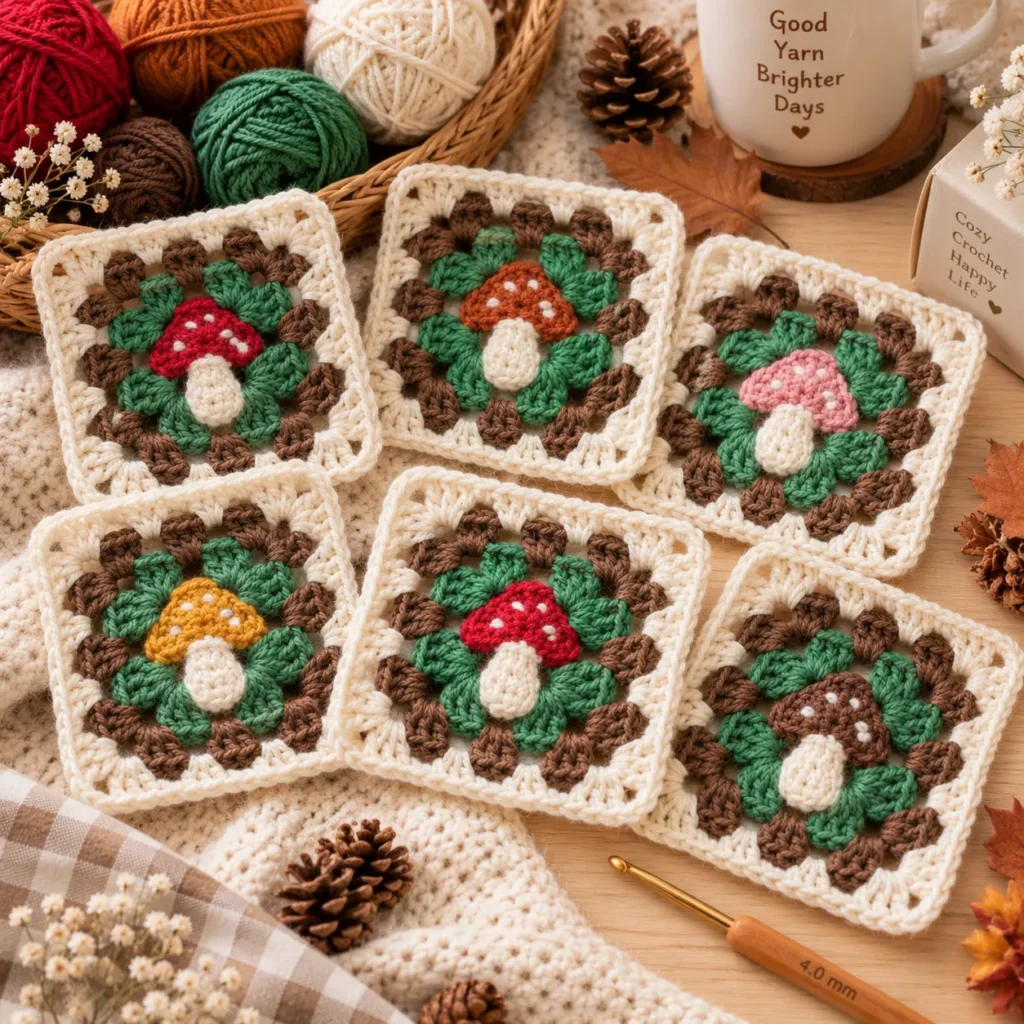 Colorful Mushroom Granny Squares arranged together for a woodland crochet project