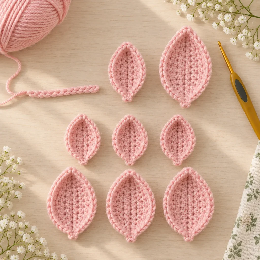 Small and large pink crochet tulip petals shown step by step