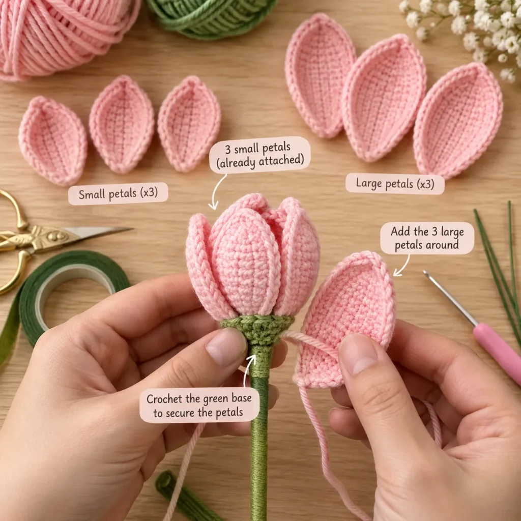 Six crochet tulip petals being assembled around the flower stem