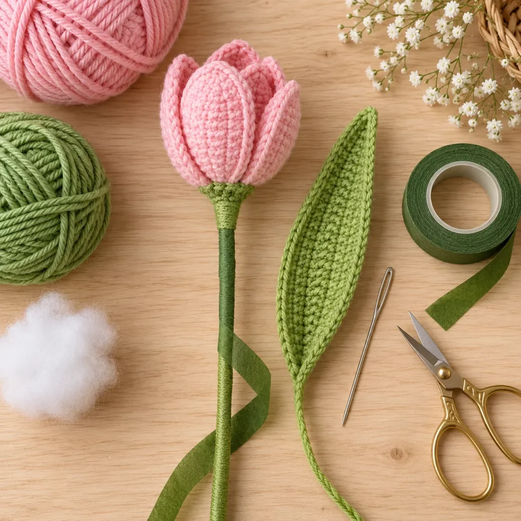 Crochet tulip flower with wrapped green stem and long crochet leaf