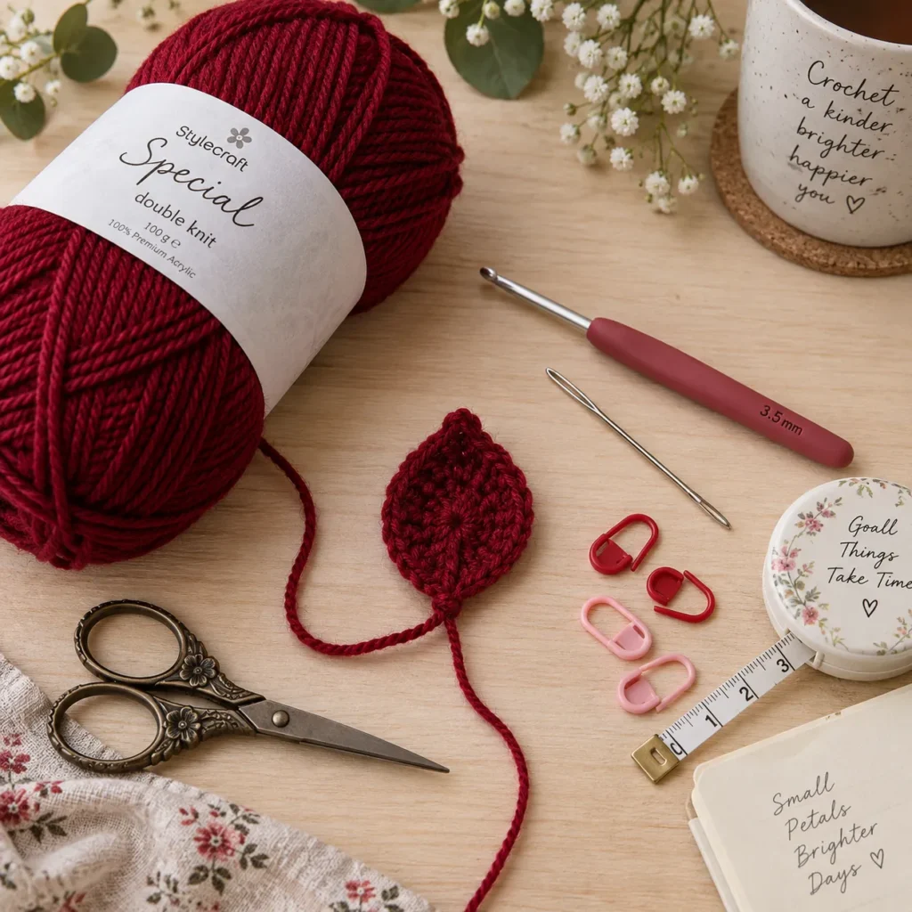 Materials for an easy rolled Red Roses Crochet Pattern