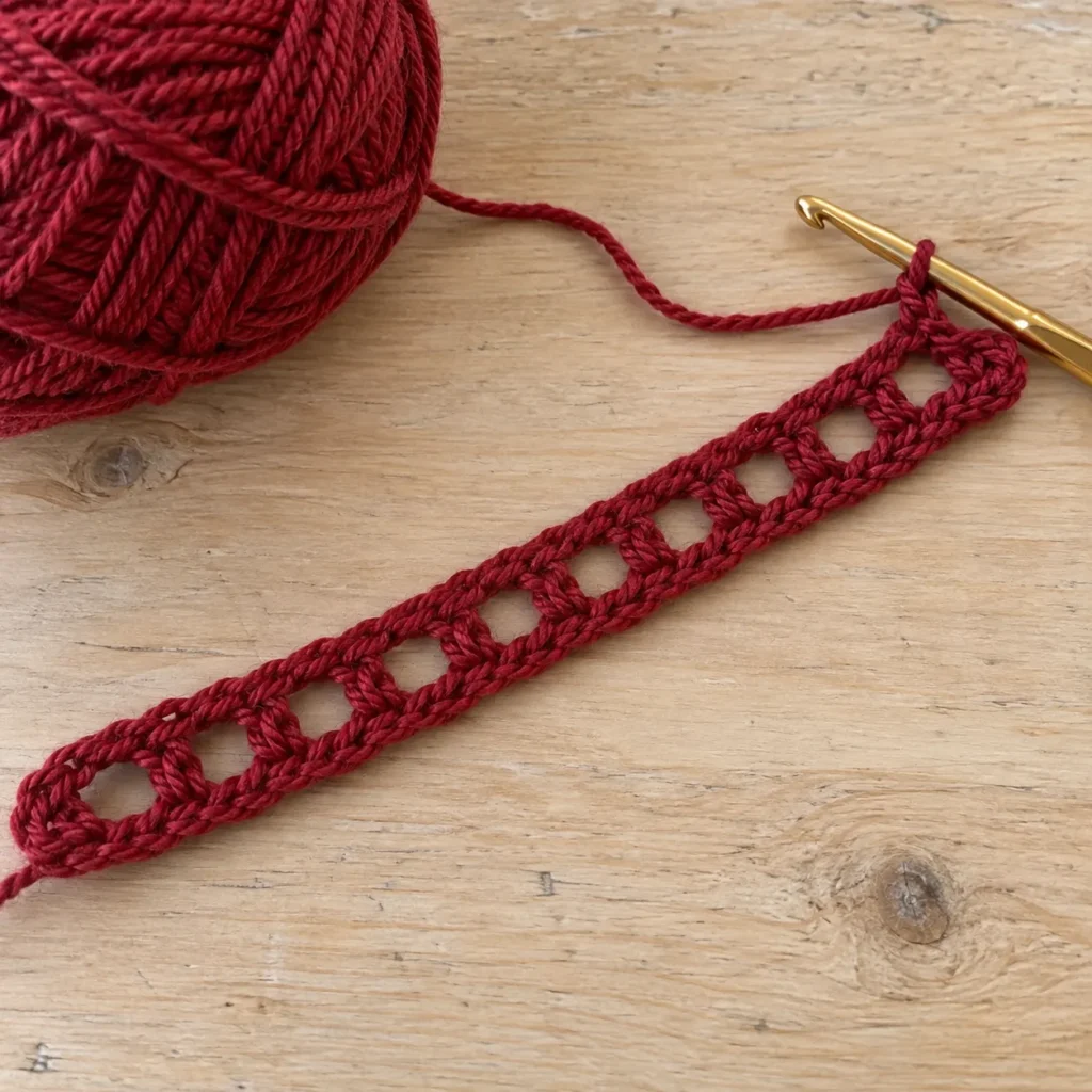 Crochet foundation mesh strip for rolled red rose pattern