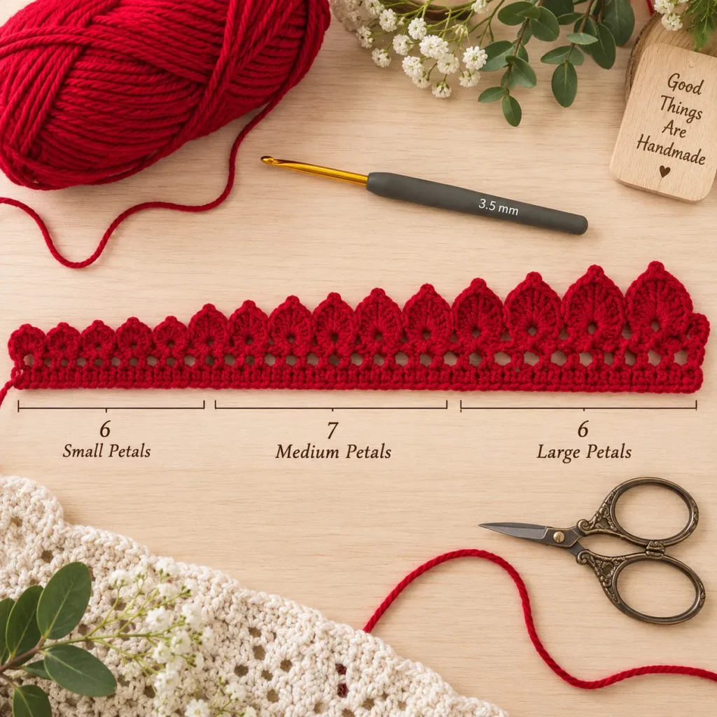 Long crochet rose strip with small medium and large red petals