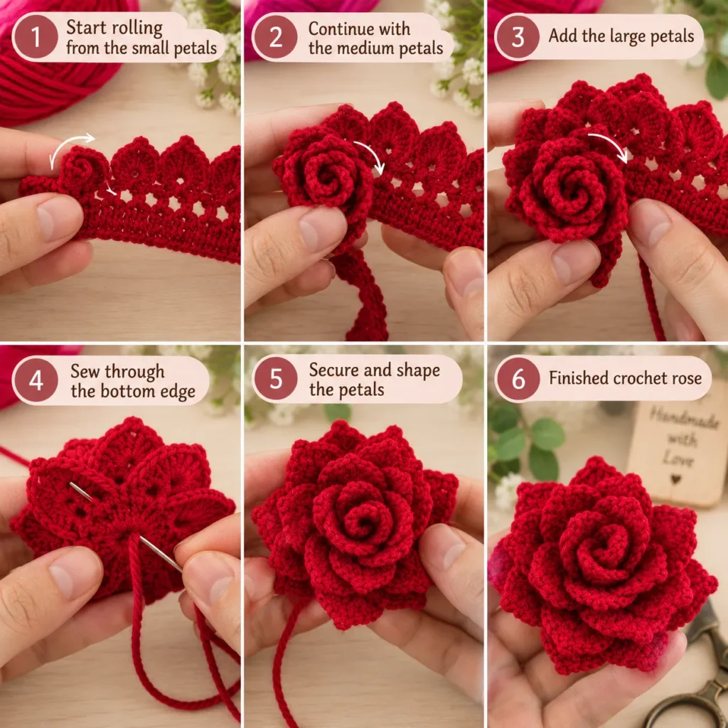 Rolling and sewing a red crochet petal strip into a dimensional rose