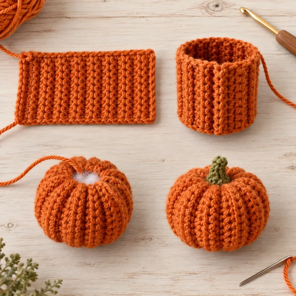 Step by step ribbed crochet pumpkin for Halloween garland