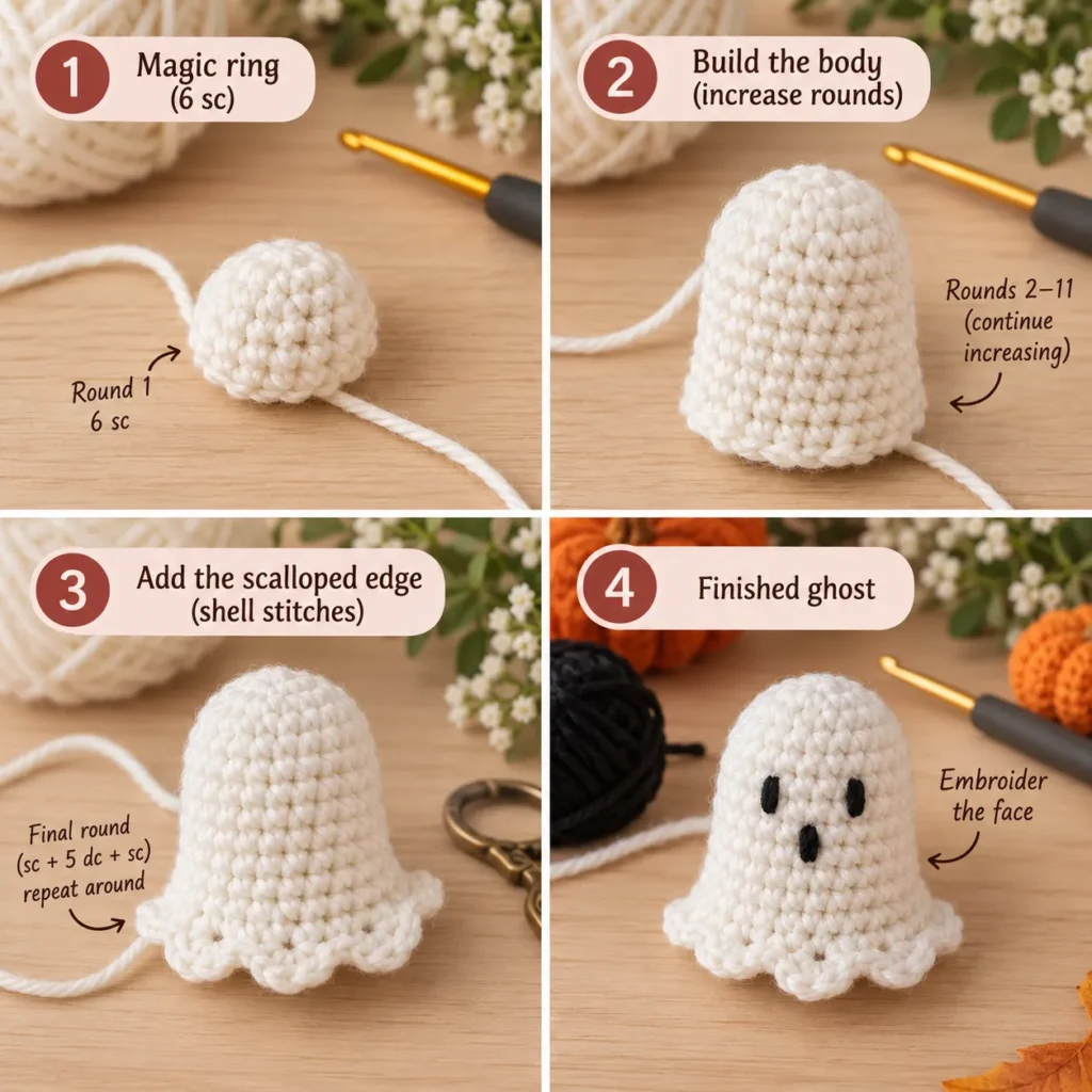 Tiny white crochet ghost tutorial for Halloween garland