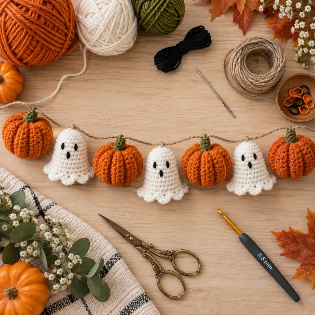 Assembling crochet Halloween garland with pumpkins ghosts and natural twine