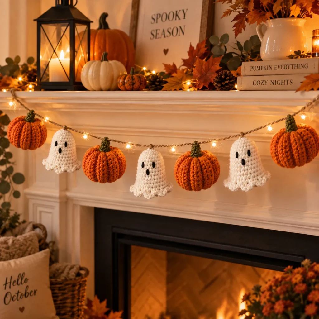 Crochet Halloween Garland with pumpkins ghosts and warm fairy lights at night