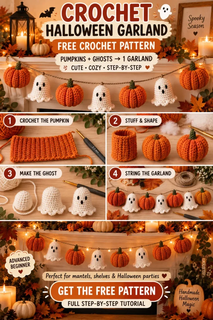 Crochet Pumpkins + Cute Ghosts = Easy Free Halloween Garland Tutorial Pin