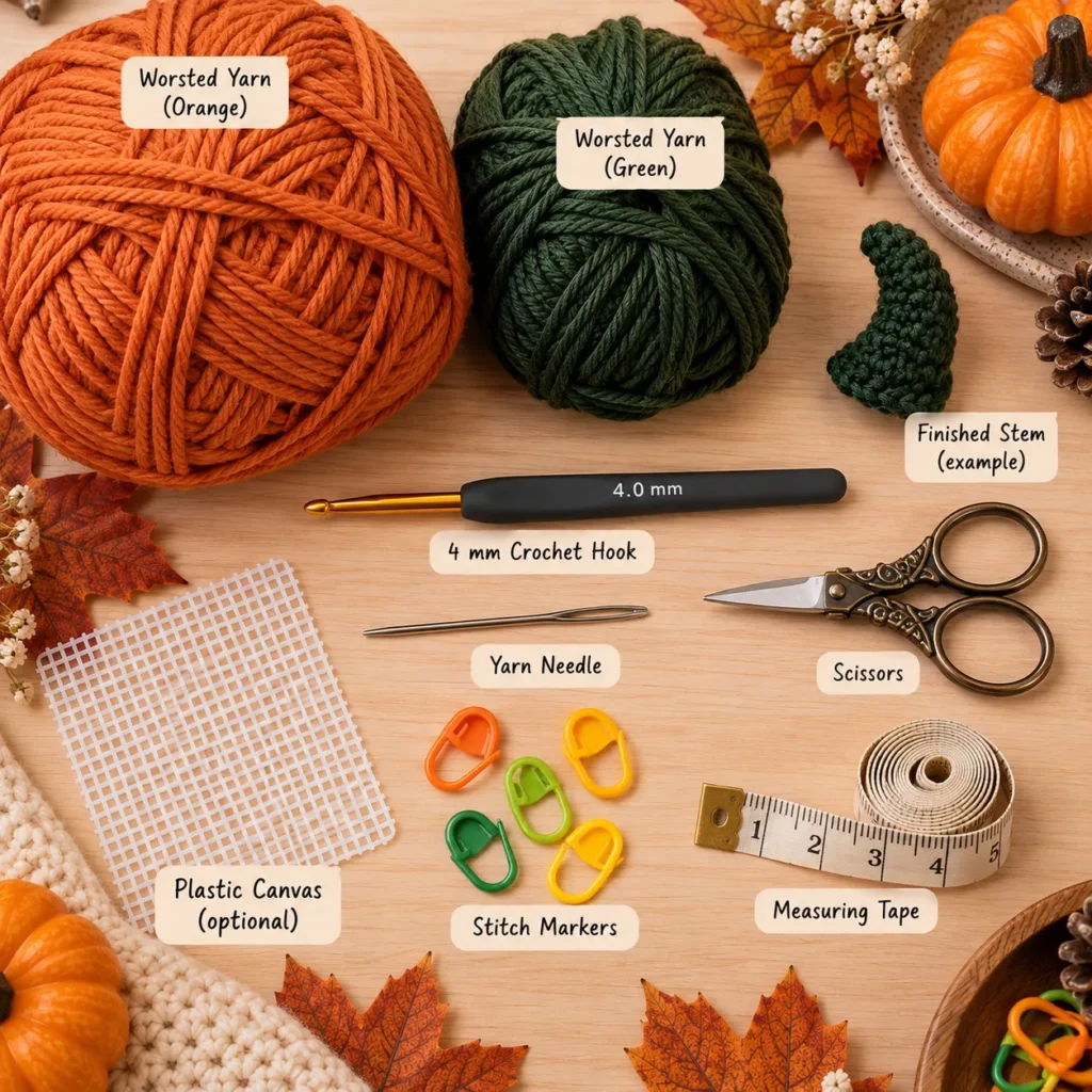 Materials for Crochet Pumpkin Pots with orange yarn green yarn and crochet hook