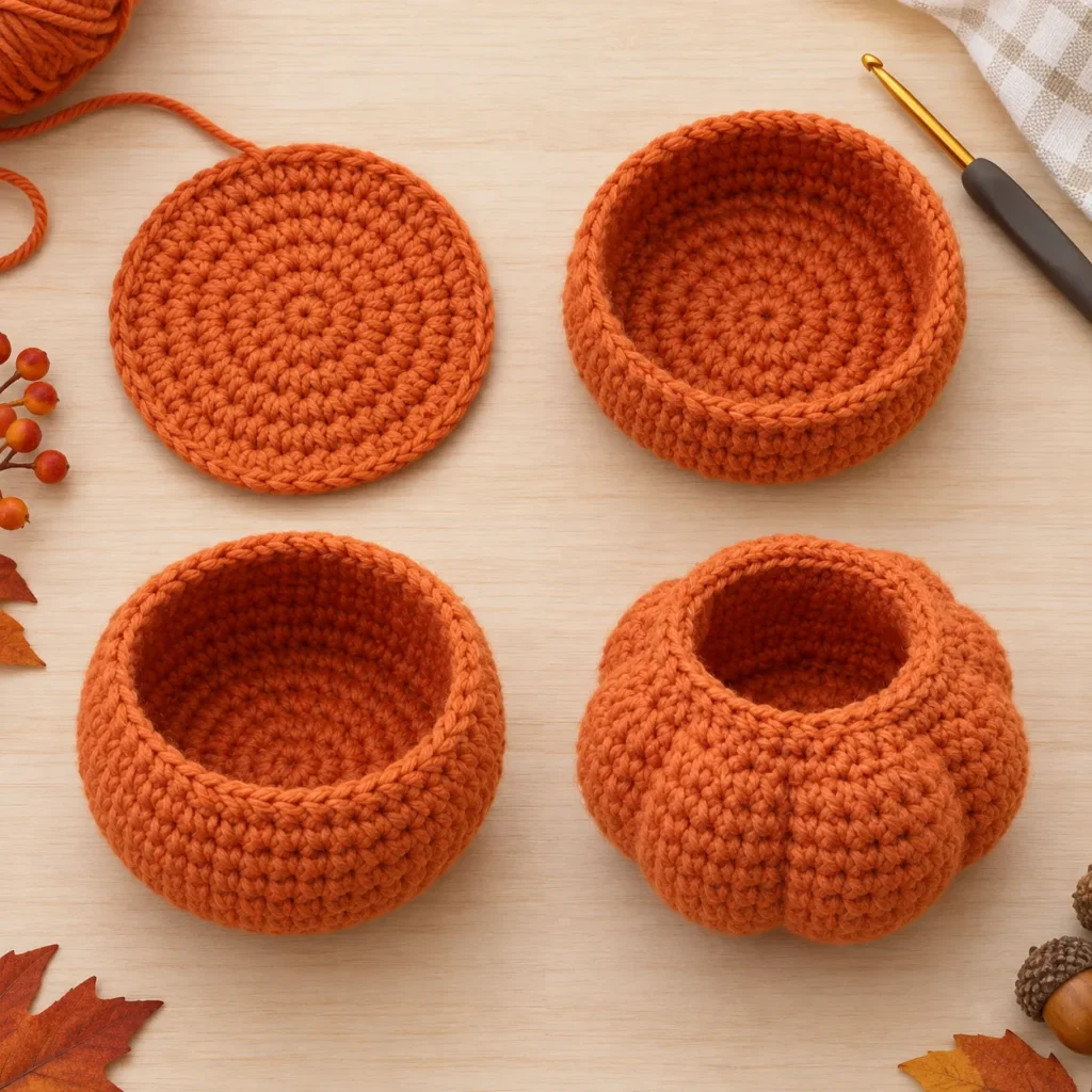 Crochet Pumpkin Pot body worked from flat base into rounded storage bowl