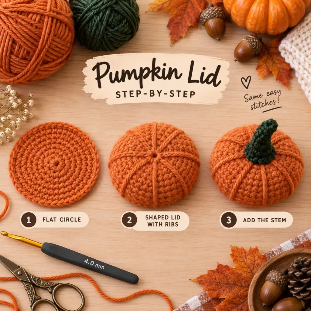 Crochet pumpkin lid with shaping ribs and green stem handle