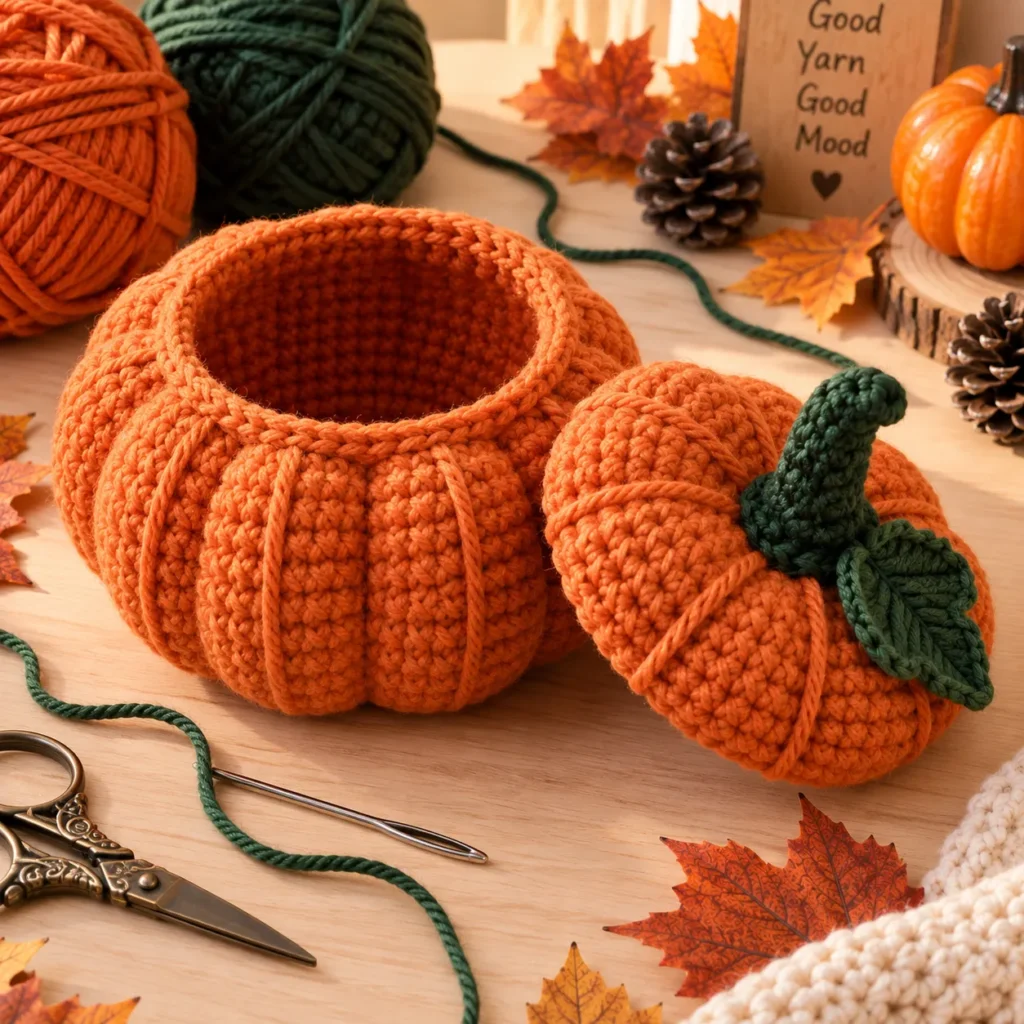 Crochet Pumpkin Pot and removable pumpkin lid ready for final assembly