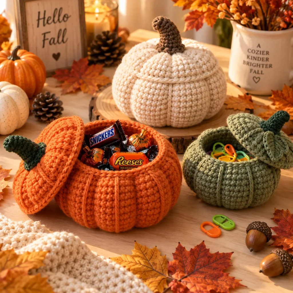 Crochet Pumpkin Pots in orange cream and sage used for candy and small-item storage