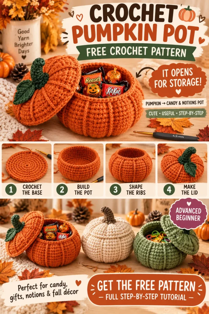 Free Crochet Pumpkin Pot Pattern with Removable Lid and Functional Storage pin