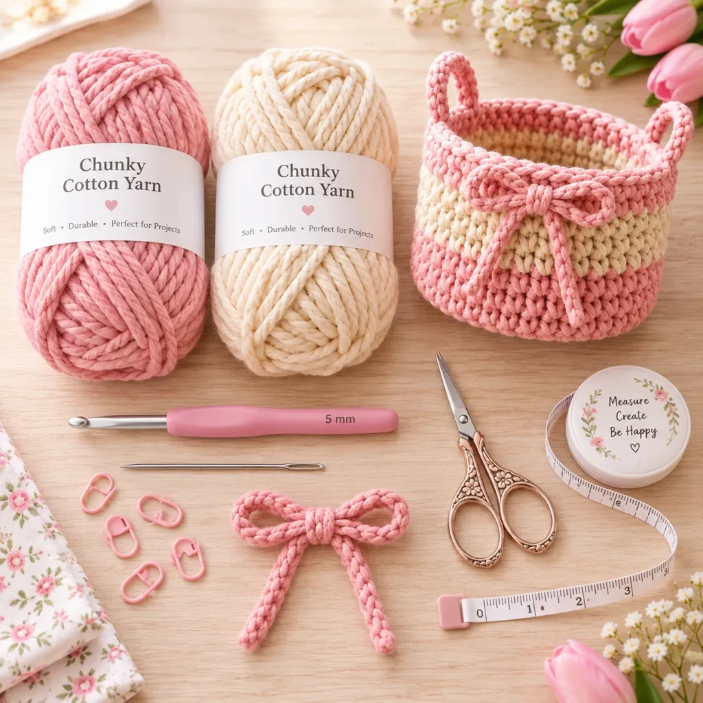 Materials for Crochet Cute Little Basket with pink and cream chunky cotton yarn