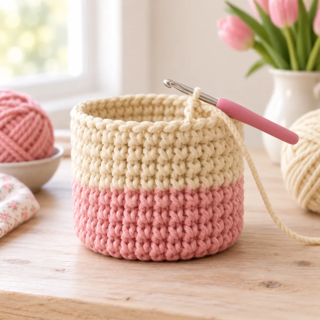 Pink and cream Crochet Cute Little Basket body being worked upward