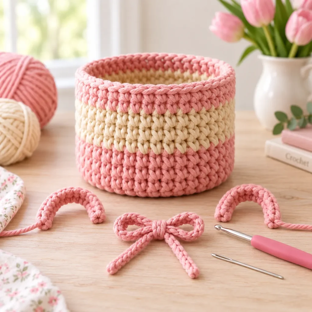 Crochet basket handles and decorative bow ready to attach
