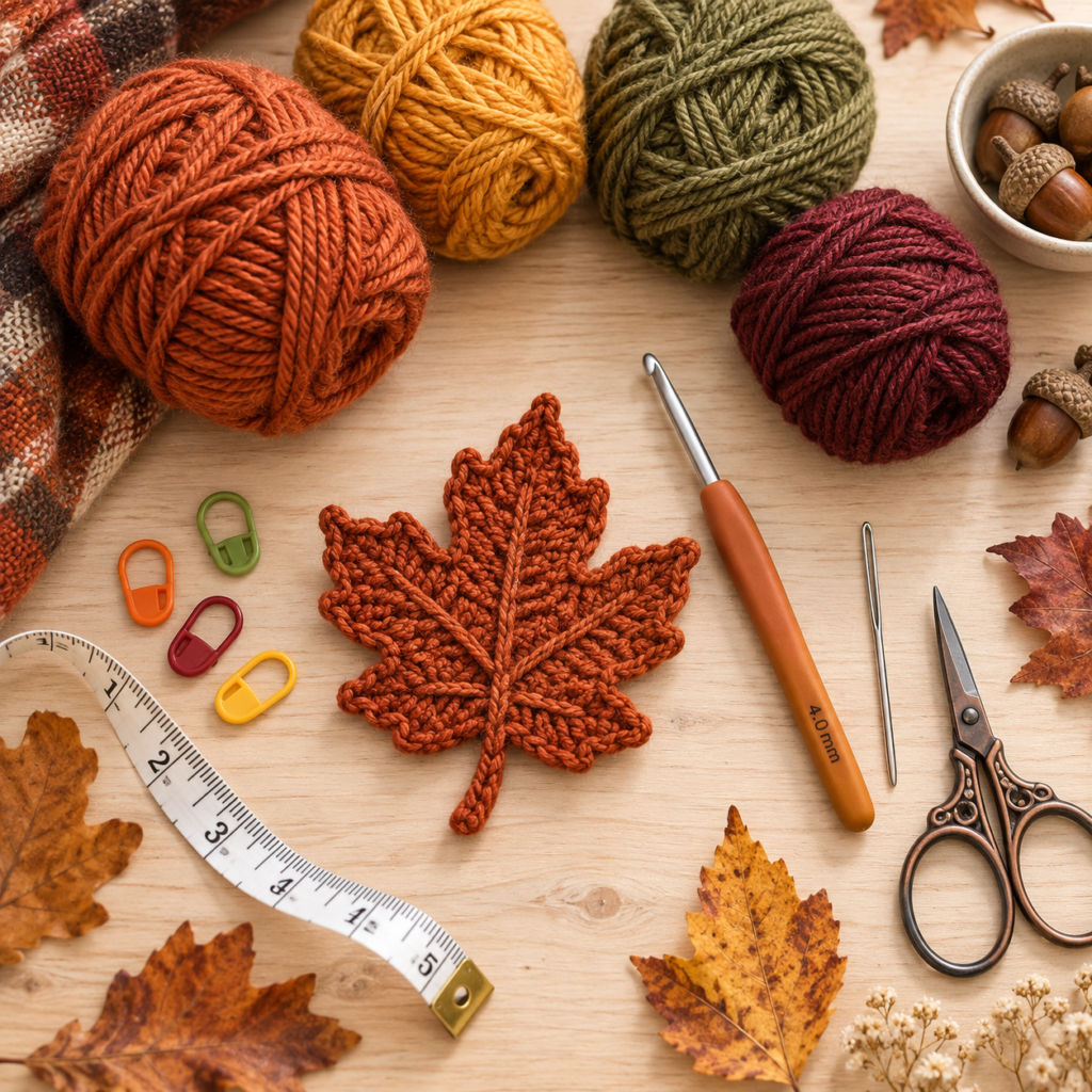 Materials and autumn yarn colors for Crochet Fall Leaves Pattern