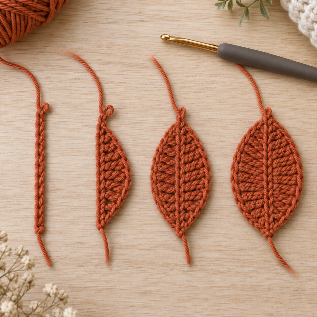 Crochet fall leaf foundation chain and basic leaf shape step by step