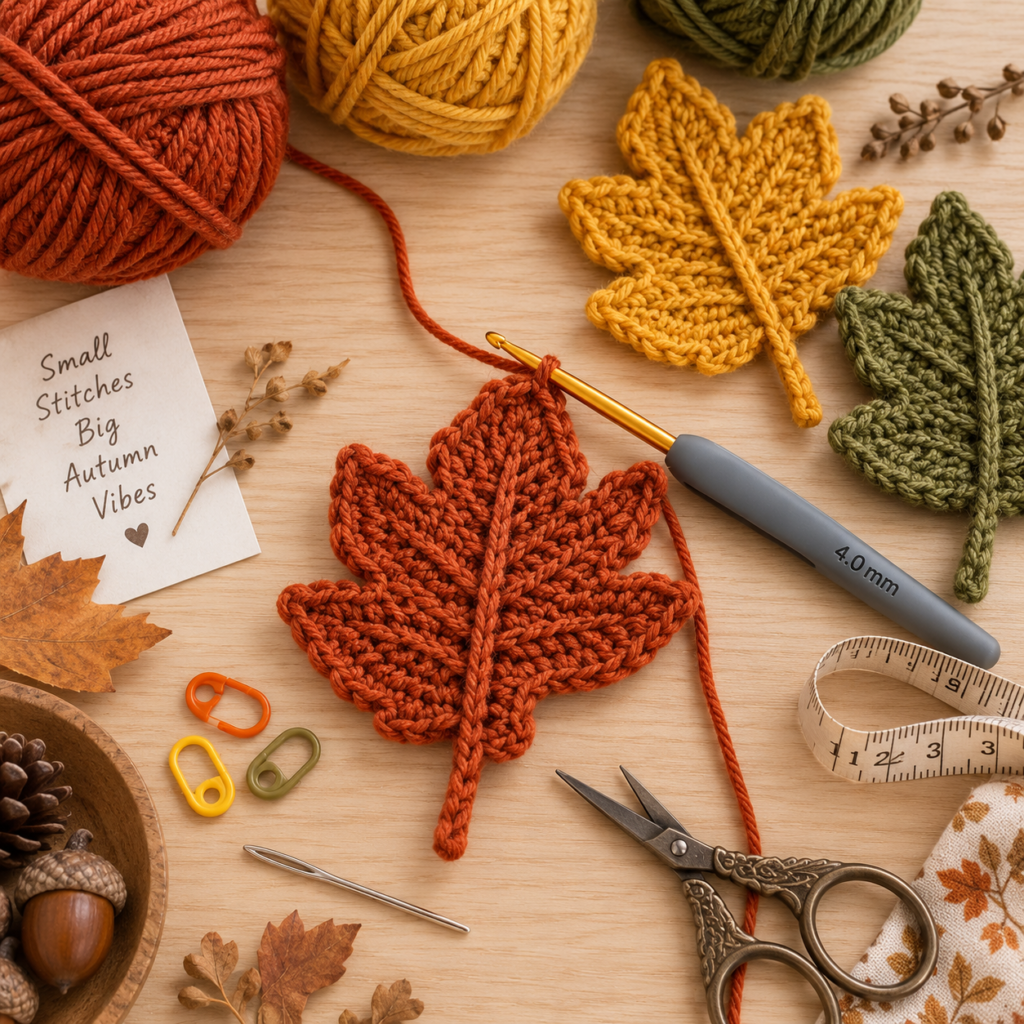 Pointed side lobes being added to a maple inspired crochet fall leaf