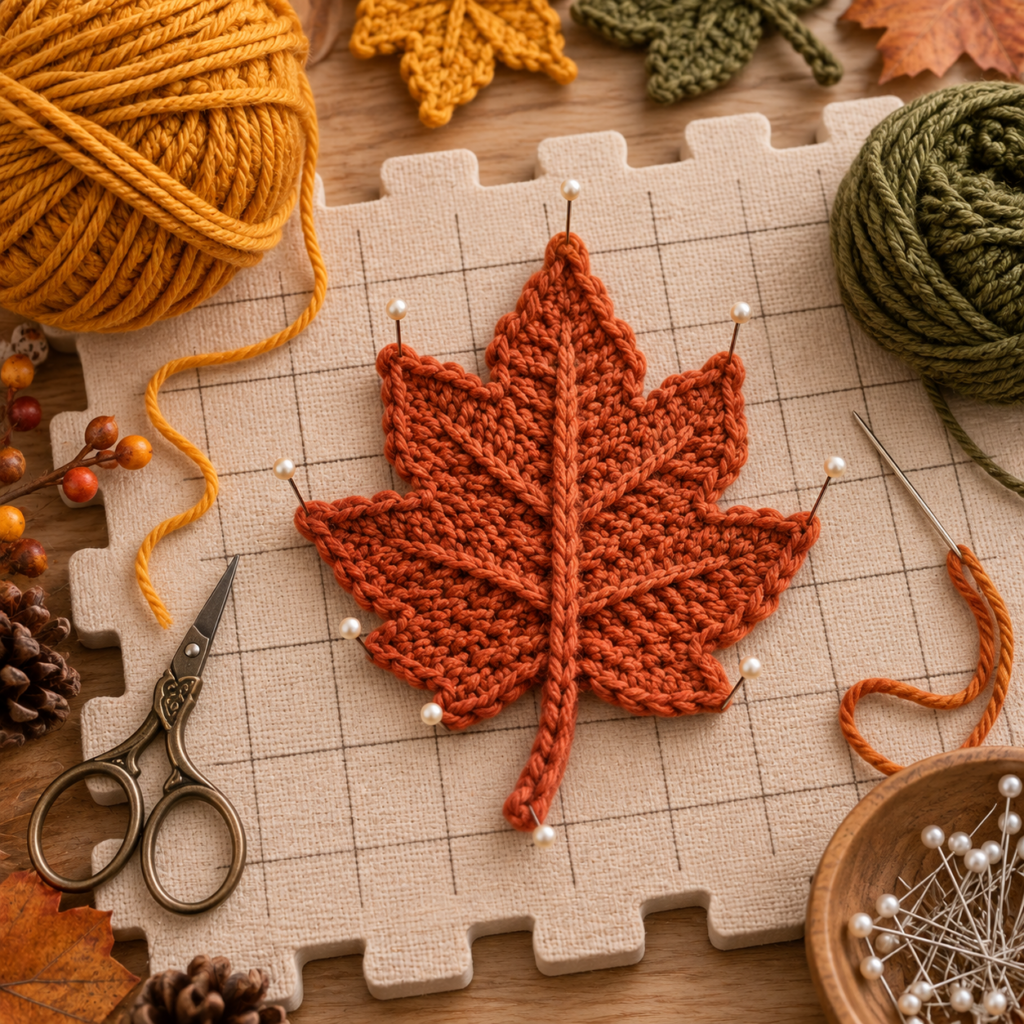 Crochet fall leaf with center vein stem and blocking for crisp autumn shape