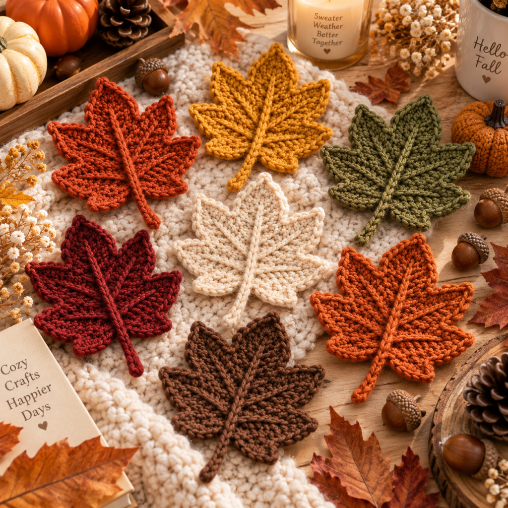 Finished Crochet Fall Leaves in rust mustard olive burgundy and cream