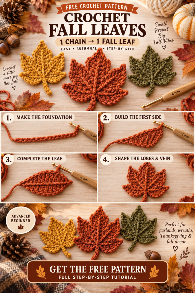 Free Crochet Fall Leaves Pattern for Autumn Décor.