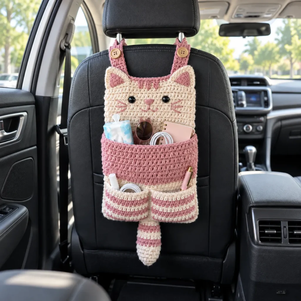 Cream and dusty pink crochet cat car organizer hanging from a black car headrest.