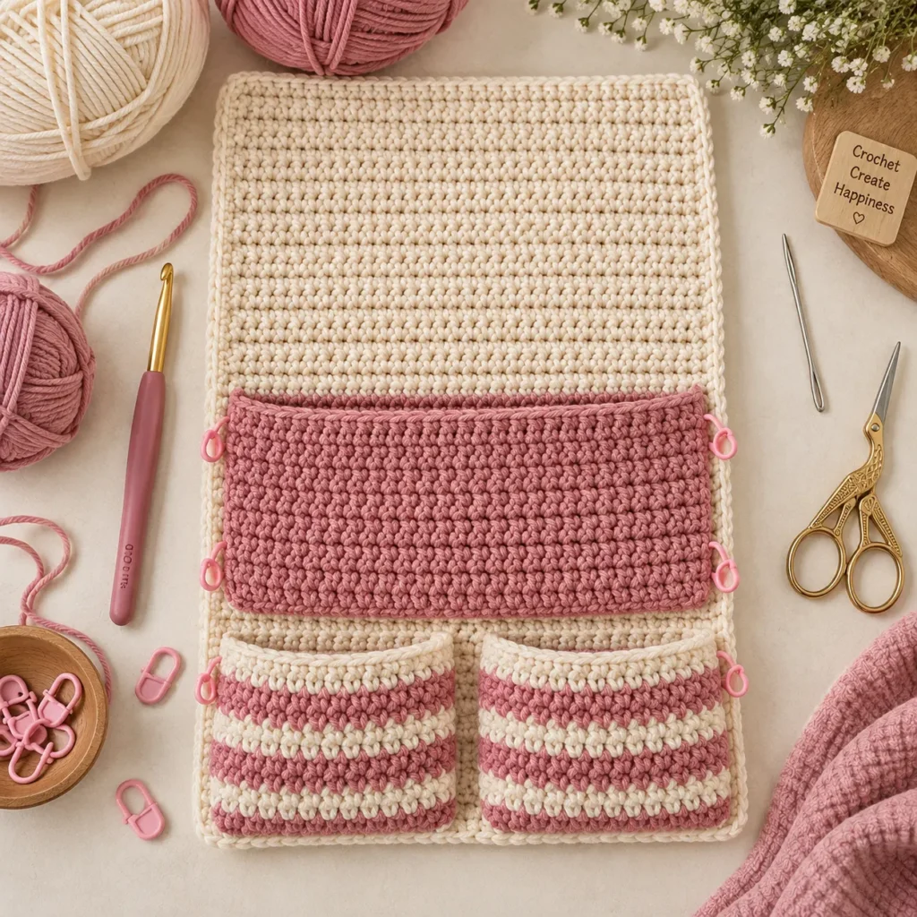 Large pink crochet pocket and two striped lower pockets attached to a cream car organizer.