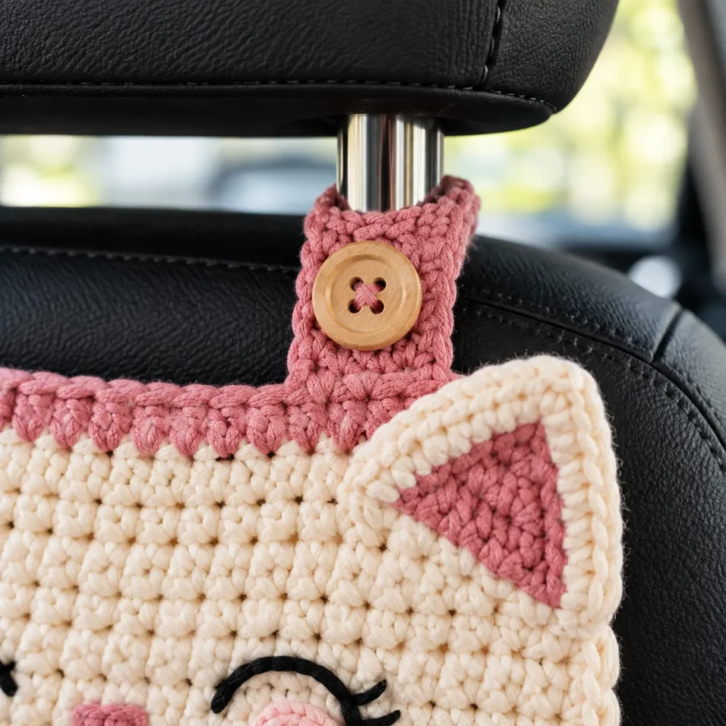 Crochet headrest strap with wooden button securing a car organizer to a headrest post.