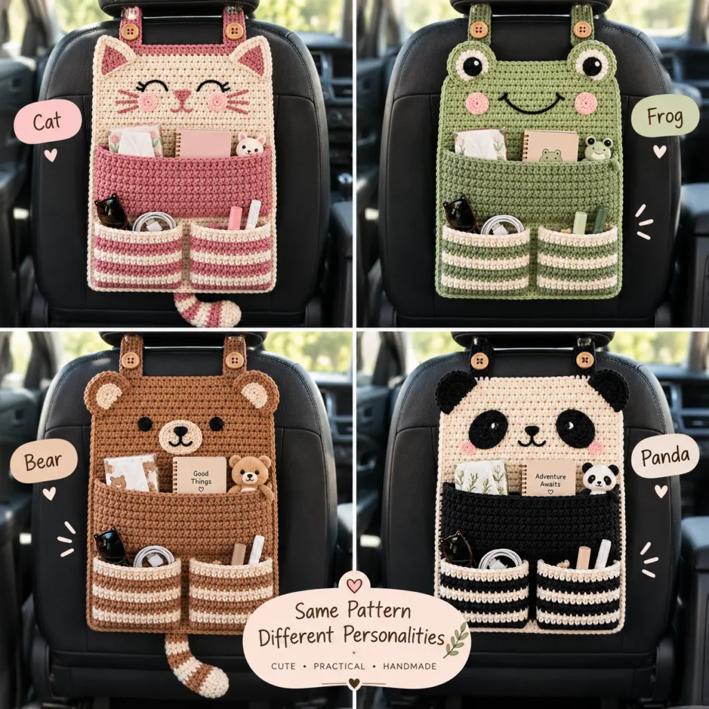 Four crochet car organizer variations including cat, bear, frog, and panda designs.