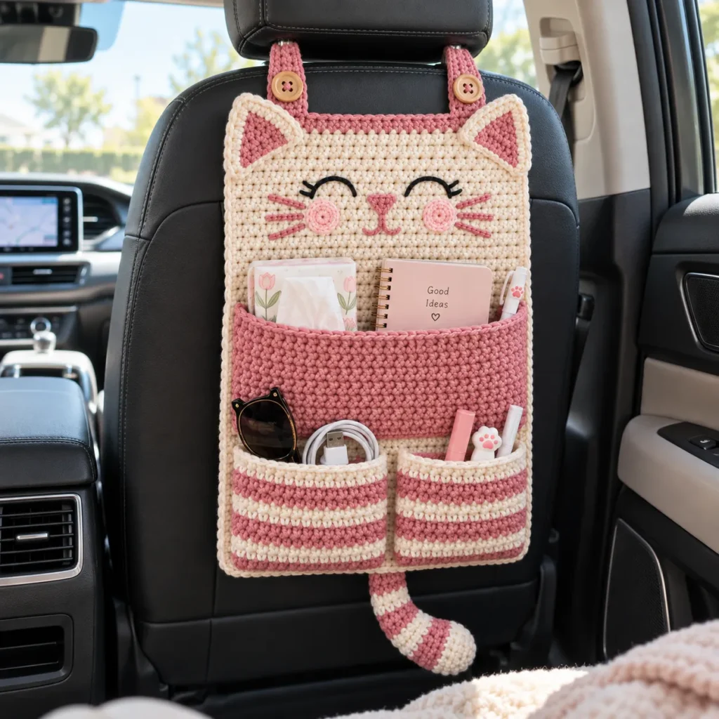 Finished crochet car seat organizer holding lightweight travel essentials in a modern car.
