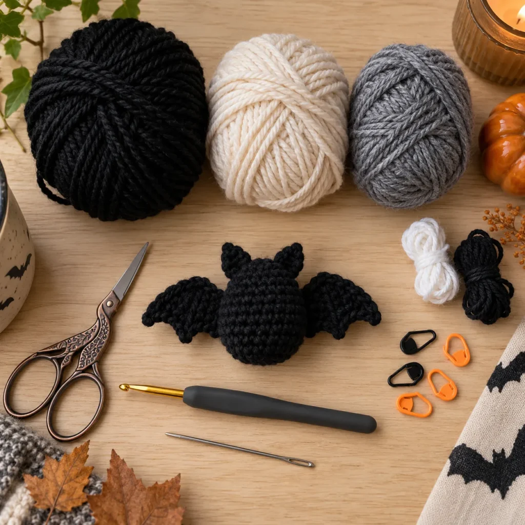 Materials for Cute Bat Granny Square Halloween crochet pattern