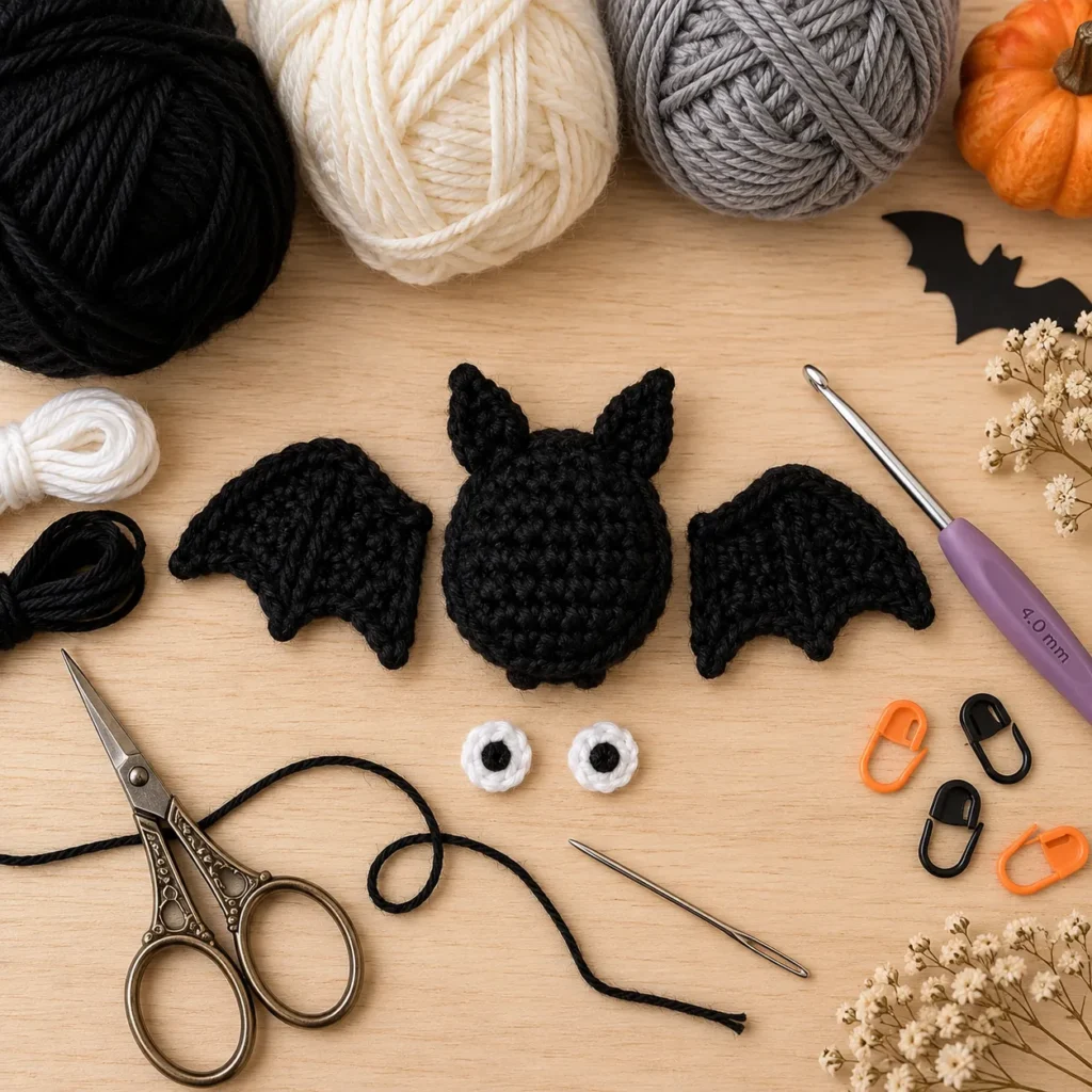 Black crochet bat body wings and eyes for granny square appliqué