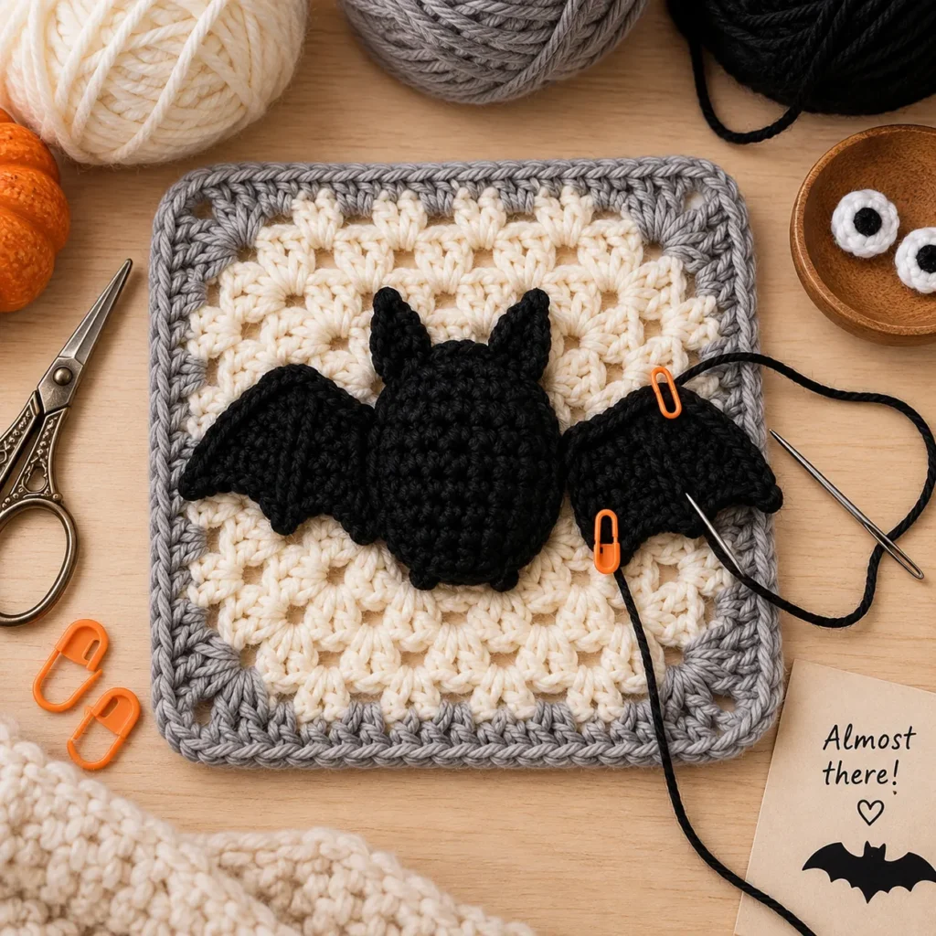 Attaching black bat appliqué to cream Halloween granny square