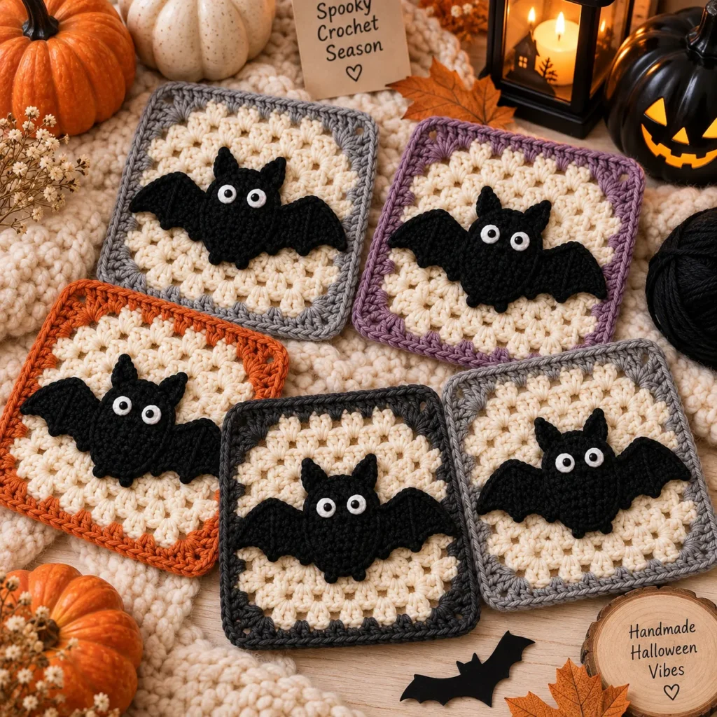 Finished Cute Bat Granny Square crochet collection for Halloween
