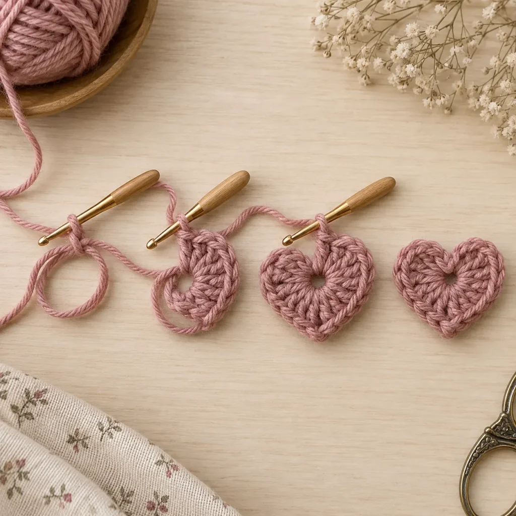 Crochet Heart center and first round step by step