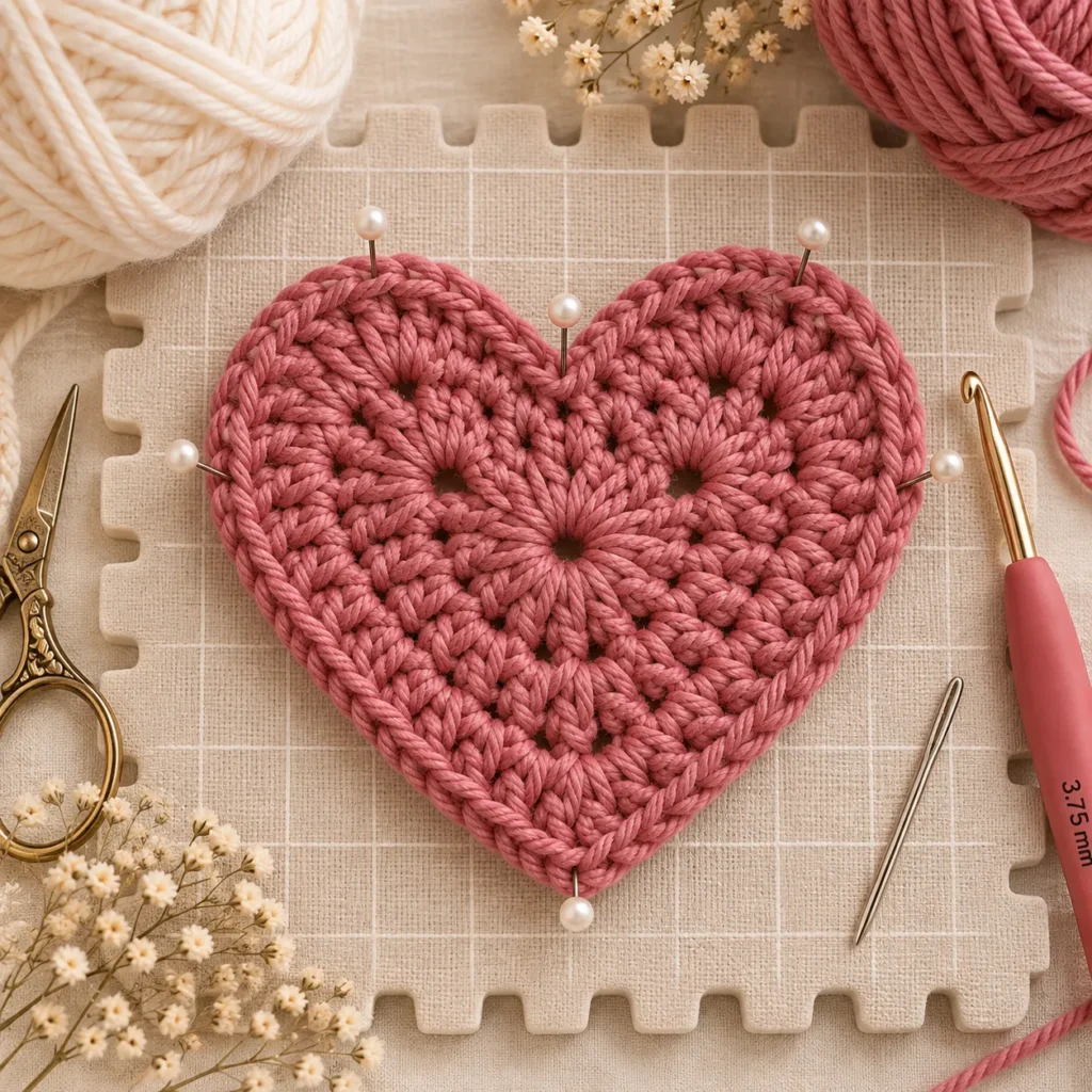 Blocking a finished crochet heart for a neat symmetrical shape