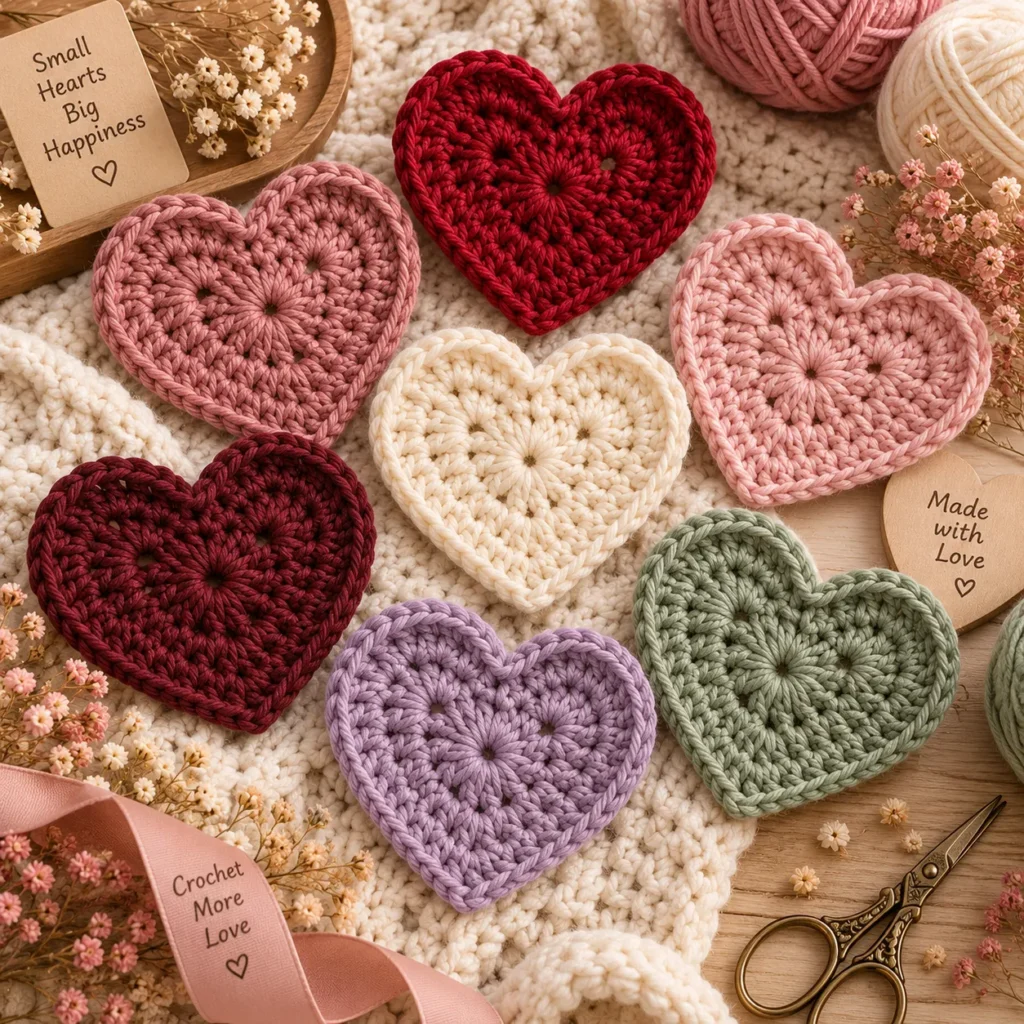 Finished crochet heart motifs in pink red cream lavender and sage