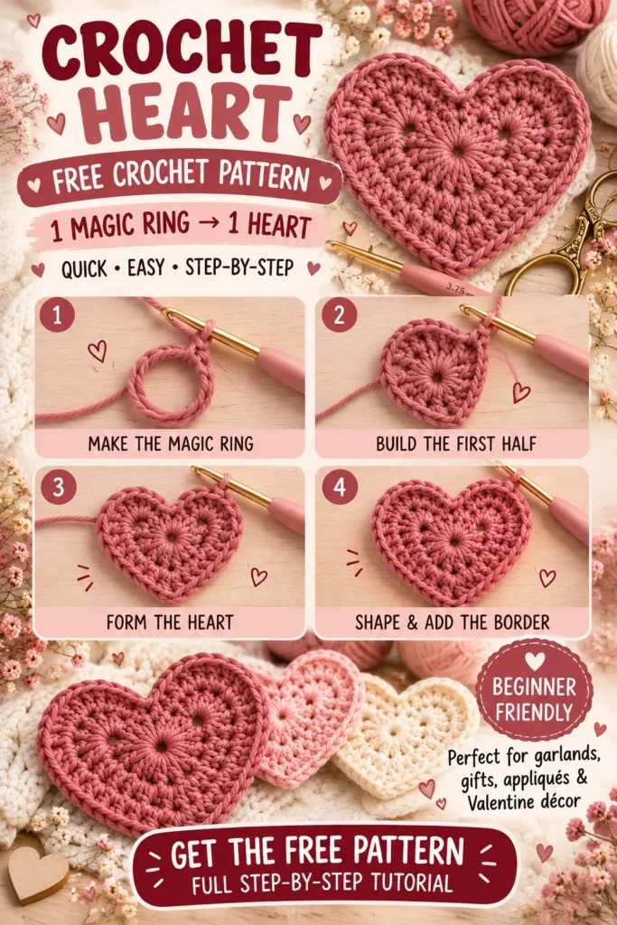 Turn One Magic Ring Into a Beautiful Crochet Heart — Free Easy Pattern Pin