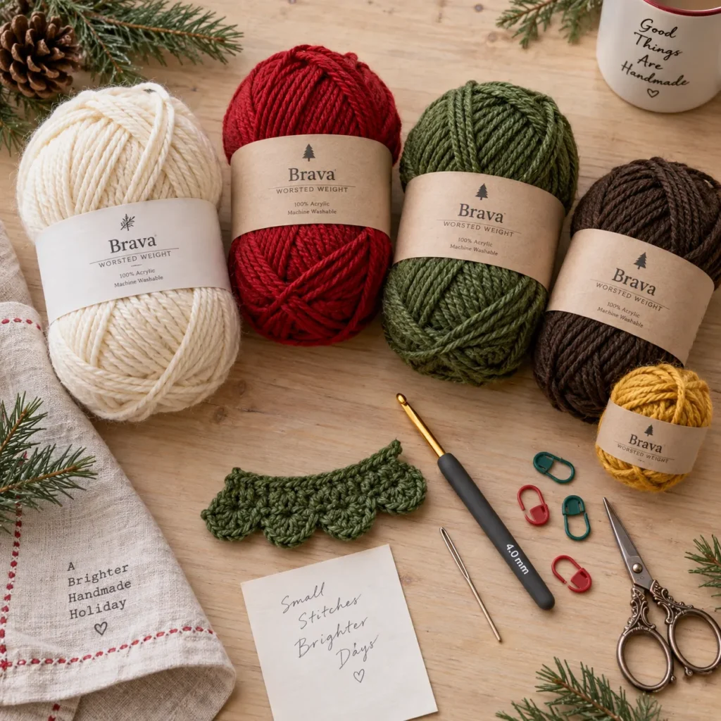 Materials for 3D Christmas Tree Granny Square crochet pattern