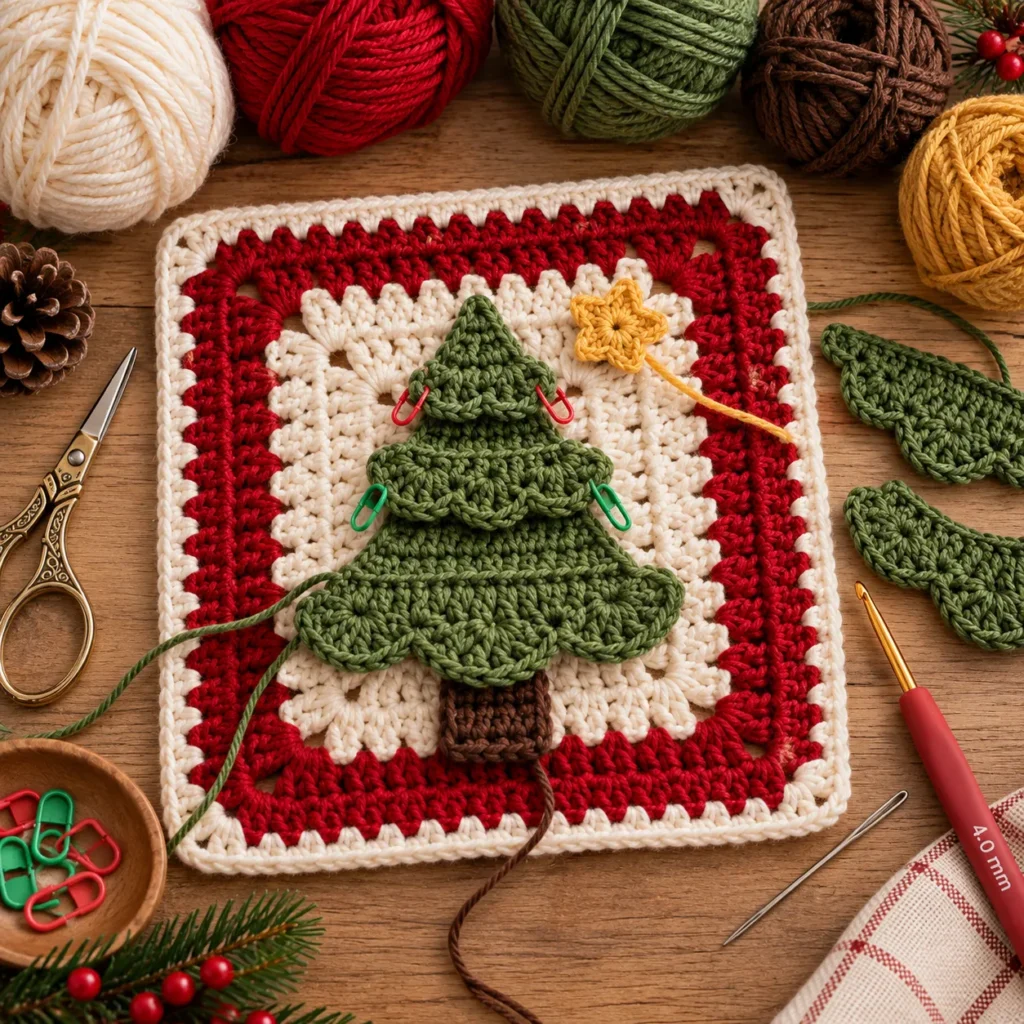 Assembling dimensional Christmas tree appliqué on crochet granny square