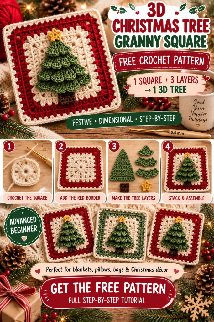 Free 3D Christmas Tree Granny Square Crochet Pattern Pin