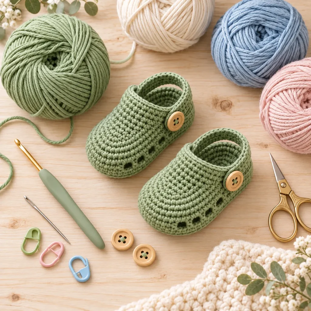 Materials for Crochet Baby Clogs Pattern with sage green baby yarn