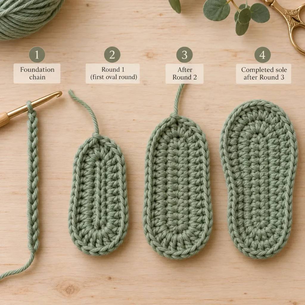 Crochet Baby Clog sole construction step by step