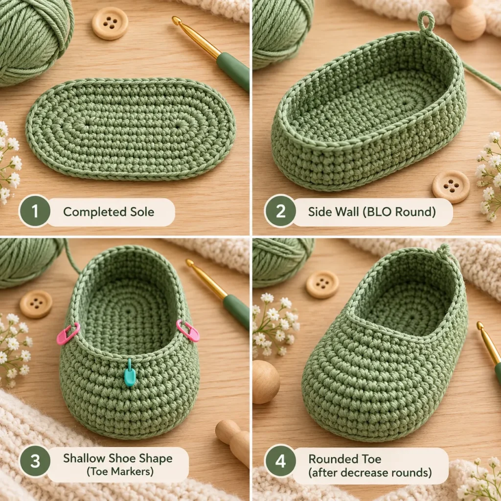 Building and shaping the rounded upper of a crochet baby clog